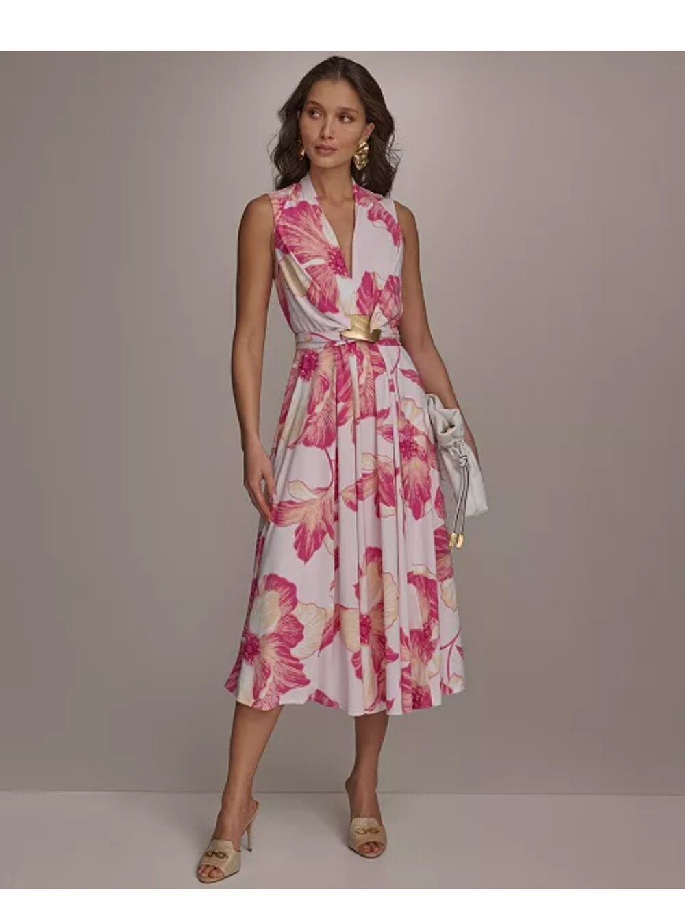 Donna Karan New York Floral Maxi Dress Size 4 Pink Gold Hardware NWT Party